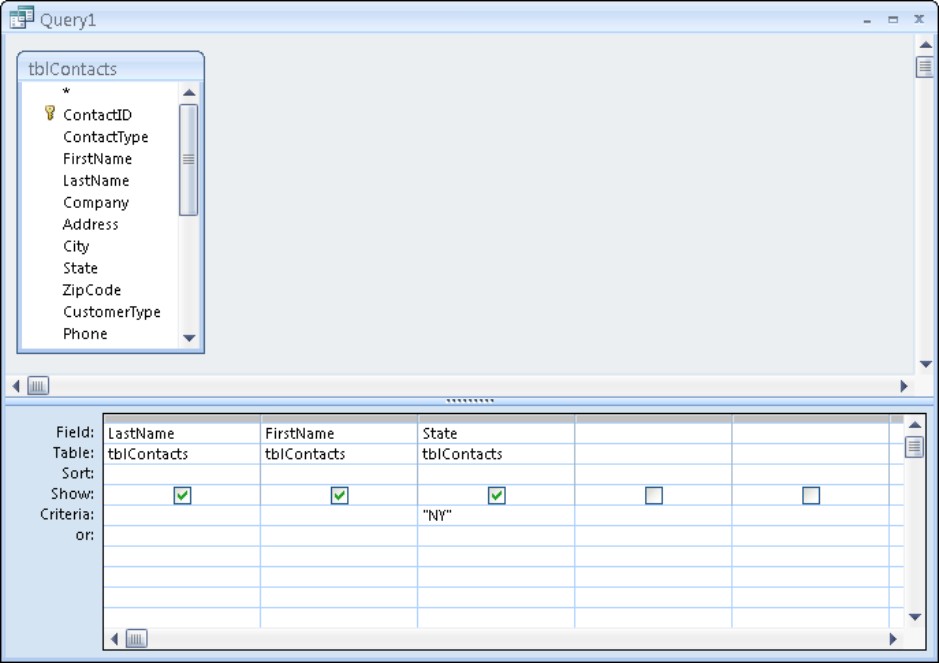 The Datasheet window showing tblContacts open. You see the example data NY in the Criteria row under the State field.